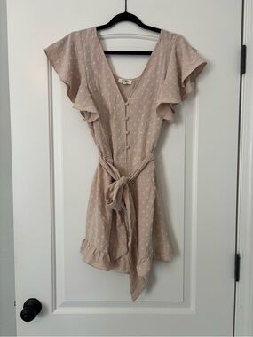 Umgee Textured Swiss Dot Tie Romper - Nude Color